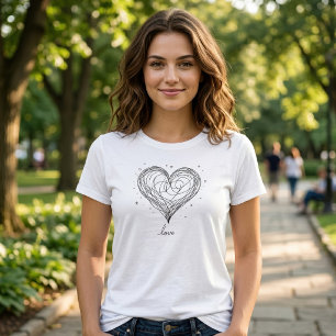 Whimsical Line Art Heart with Love Design T-Shirt