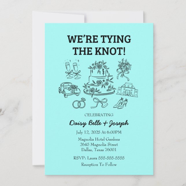 Whimsical Line Art Wedding Turquoise Invitation (Front)