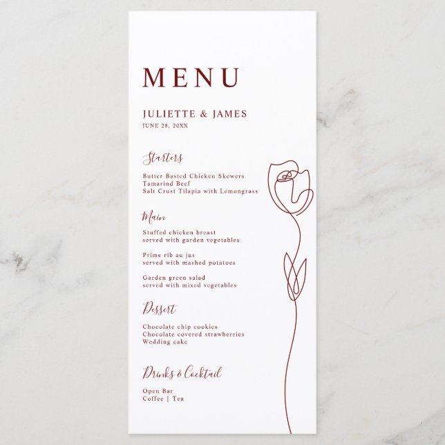 Whimsical Line Rose Menu Card (Front)