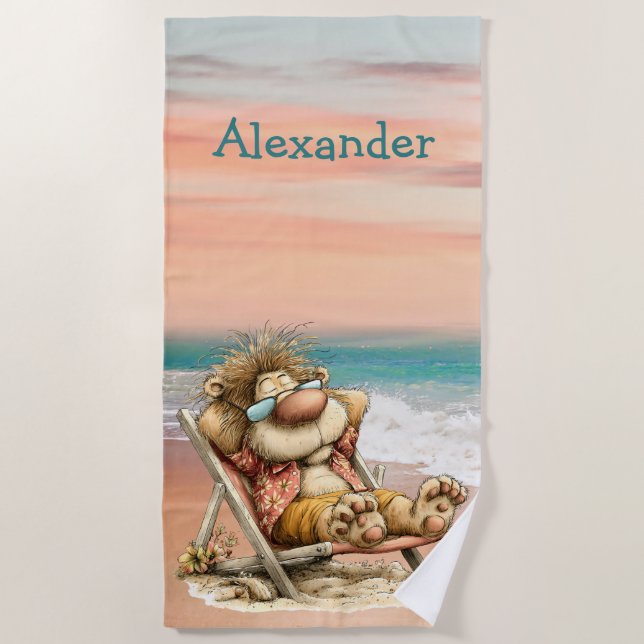 Whimsical Lion Beach Scene Personal Towel (Front)
