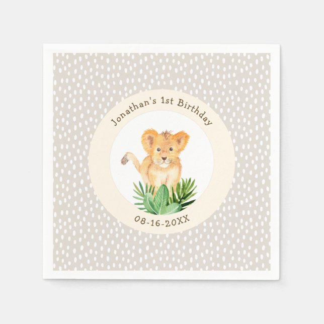 Whimsical Lion Cub Forest Woodland Dotted Birthday Napkin (Front)