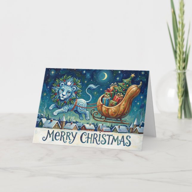 Whimsical Lion Pulling Sleigh Christmas Card (Front)