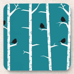 Whimsical Little Black Birds and White Birch Trees Coaster