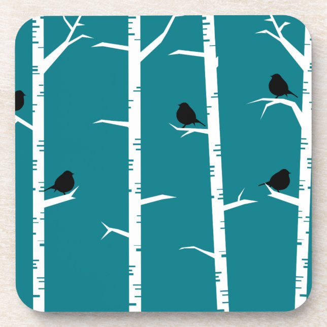 Whimsical Little Black Birds and White Birch Trees Coaster (Front)