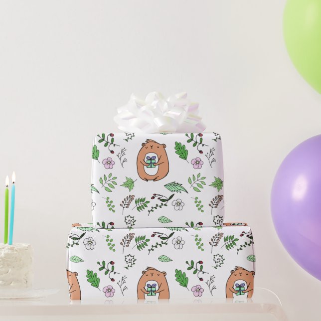 Whimsical Little Brown Bear and forest Leaves Wrapping Paper (Party Gifts)