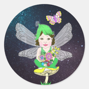 Whimsical Little Elf Fairy, Mushroom and Butterfly Classic Round Sticker