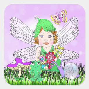 Whimsical Little Elf Fairy, Mushroom and Butterfly Square Sticker
