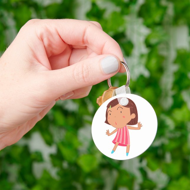 Whimsical Little Girl in Pink Striped Dress Key Ring (Creator Uploaded)