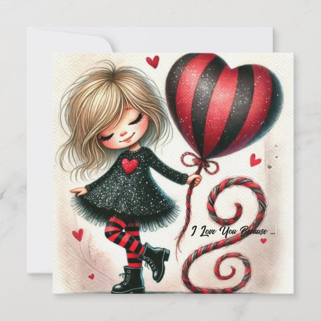 Whimsical Little girl red glitter heart balloon Holiday Card (Front)