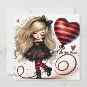 Whimsical Little girl red glitter heart balloon Holiday Card