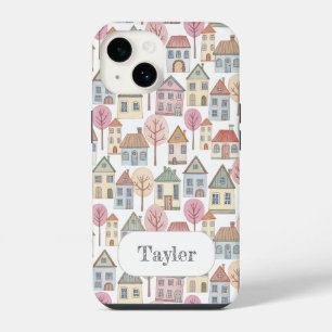 Whimsical Little Houses Illustration Custom Name iPhone 14 Case