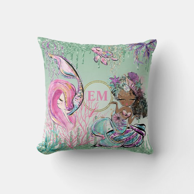 Whimsical Little Mermaids Under the Sea Monogram Cushion (Front)