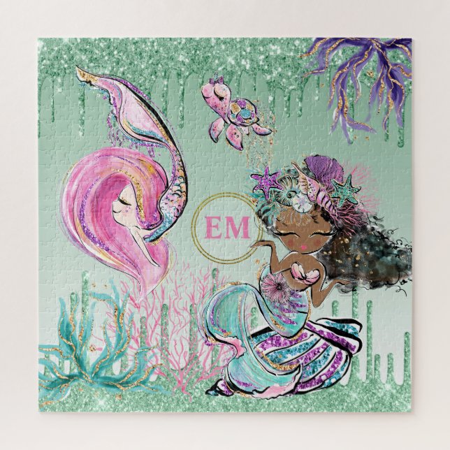 Whimsical Little Mermaids Under the Sea Monogram P Jigsaw Puzzle (Vertical)