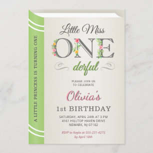 Whimsical Little Miss Onederful 1st First Birthday Invitation