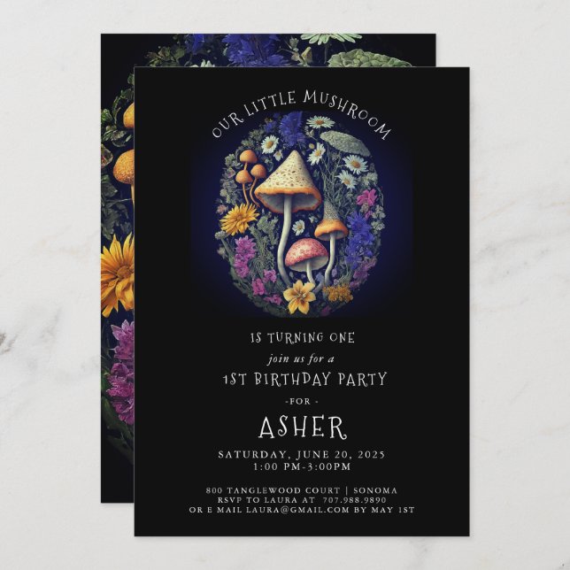 Whimsical Little Mushroom 1st Birthday Party Invitation (Front/Back)