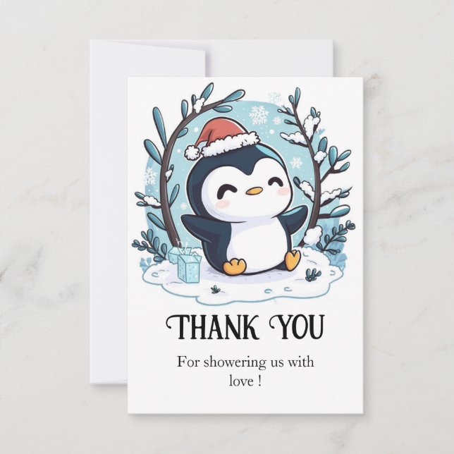 Whimsical Little Penguin Baby Shower Thank You Card (Front)