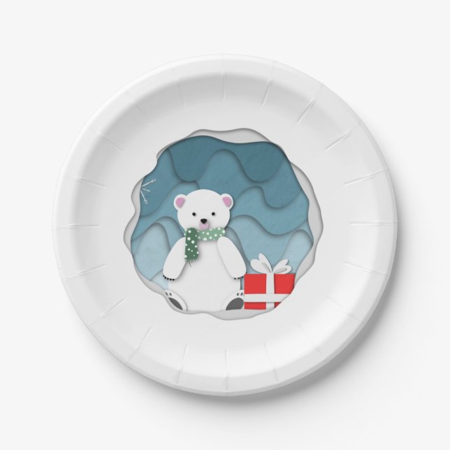 Whimsical Little Polar Bear with Red Present Paper Plate (Front)