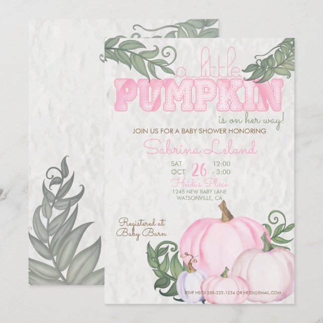 Whimsical Little Pumpkin Pink Girl Baby Shower Invitation (Front/Back)