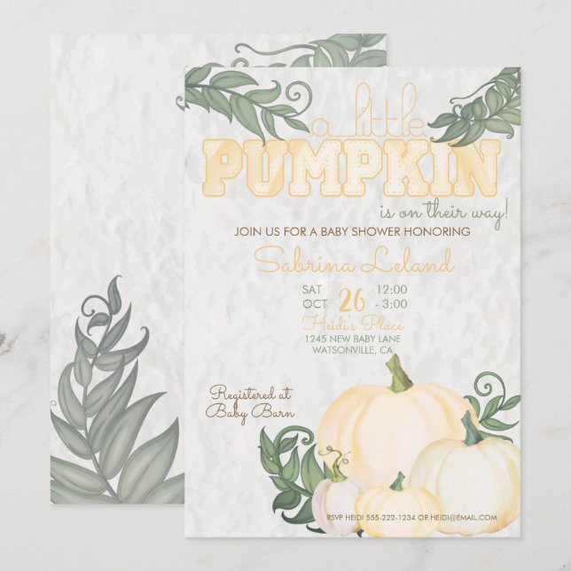 Whimsical Little Pumpkin Yellow Baby Shower Invitation (Front/Back)
