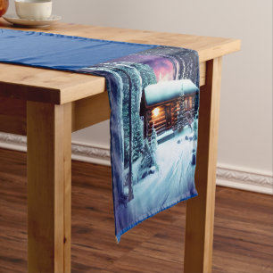 Whimsical Little Rustic Log Cabin In The Woods Short Table Runner