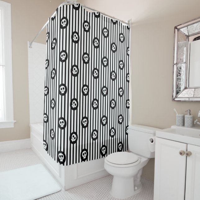 Whimsical Little Skulls Black & White Skull Shower Curtain (In Situ)