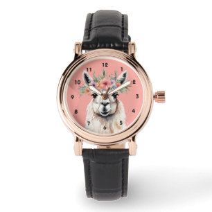 Whimsical Llama Floral Zen Farm Pink Watch