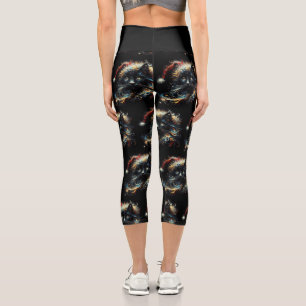 Whimsical Long Hair Black Cat Santa Christmas Hat Capri Leggings