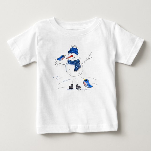 Whimsical Long-Legged Snowman Baby T-Shirt (Front)