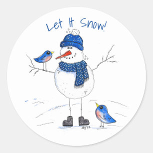 Whimsical Long-Legged Snowman Classic Round Sticker