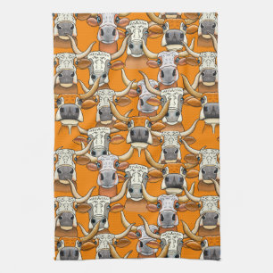 Whimsical Longhorn Cattle Portraits Tea Towel