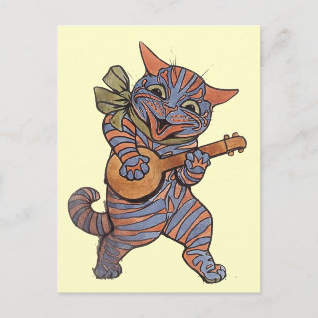 Whimsical Louis Wain "Cat with Lute" Vintage Art Postcard (Front)