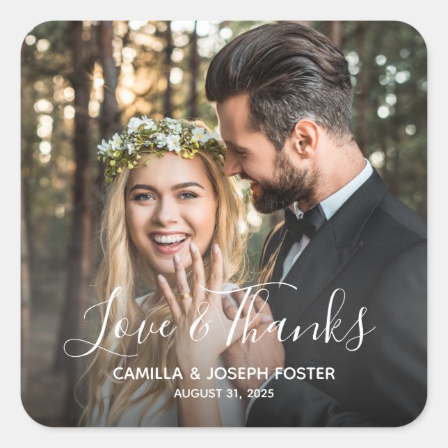 Whimsical Love and Thanks Wedding Photo Square Sticker (Front)