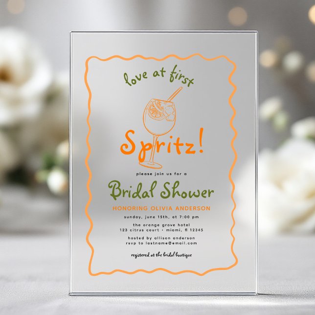 Whimsical Love At First Spritz Funky Bridal Shower Acrylic Invitations (Creator Uploaded)