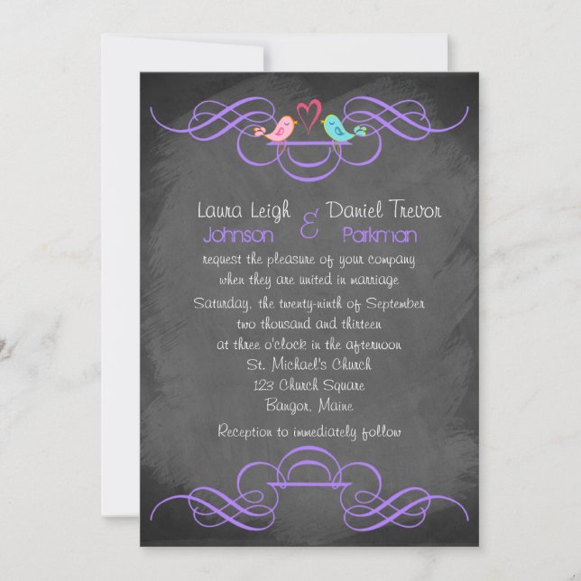 Whimsical Love Birds, Chalkboard Wedding - Purple Invitation (Front)