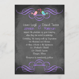 Whimsical Love Birds, Chalkboard Wedding - Purple Invitation