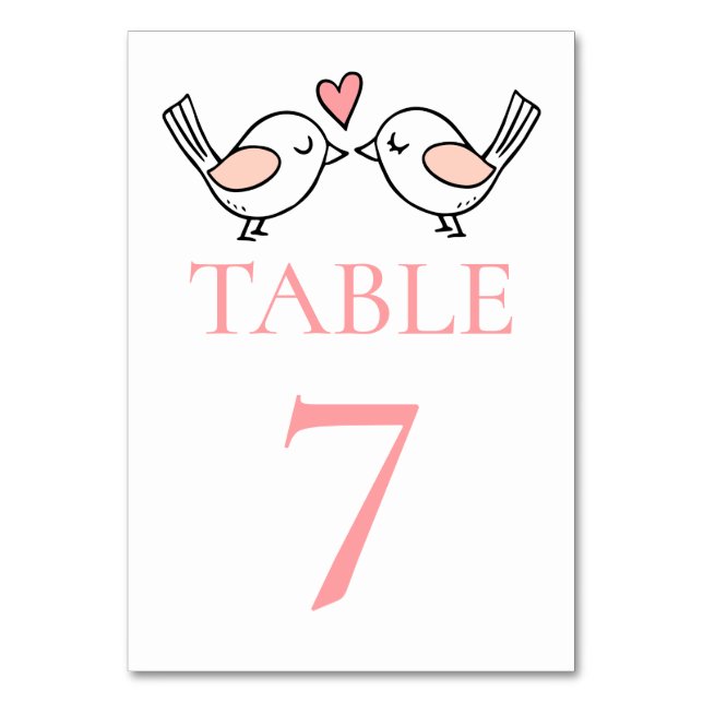 Whimsical Love Birds Cute Lovebirds Pink Wedding  Table Number (Front)
