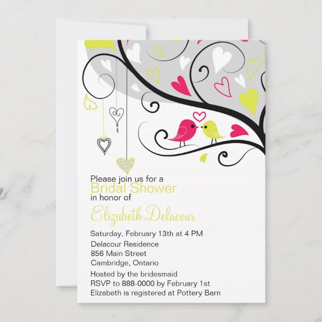 Whimsical Love Birds Grey Bridal Shower Invitation (Front)