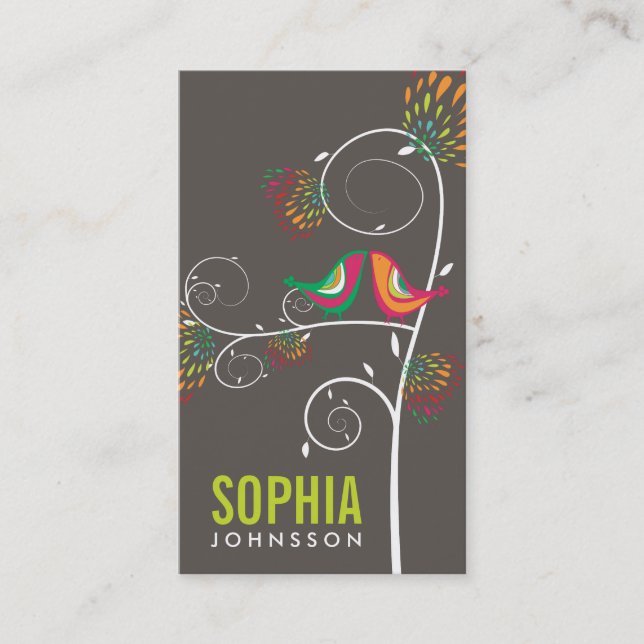 Whimsical Love Birds Modern Floral Business Design Card (Front)