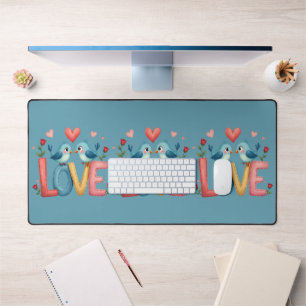 Whimsical Love Birds Pastel Cottagecore Art Desk Mat