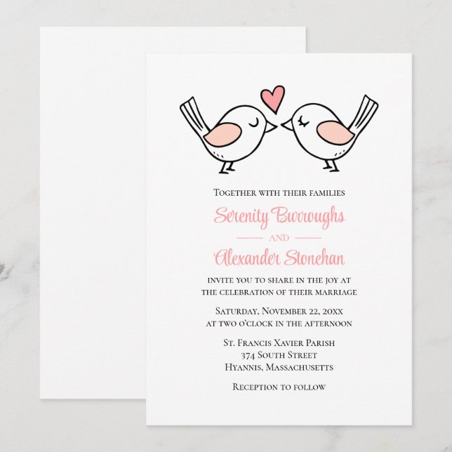 Whimsical Love Birds Pink White Lovebirds Wedding Invitation (Front/Back)