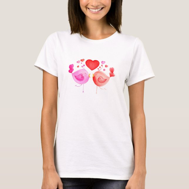 Whimsical love birds watercolor art t-shirt (Front)