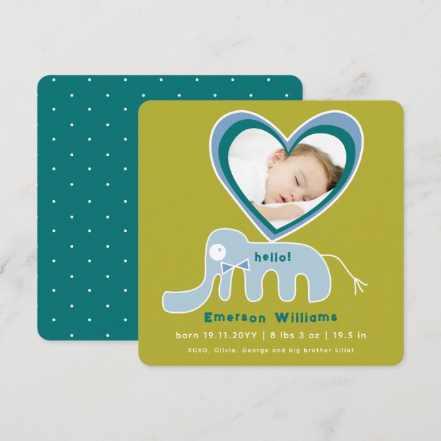 Whimsical Love Blue Elephant Photo Baby Boy Birth Announcement (Front/Back)