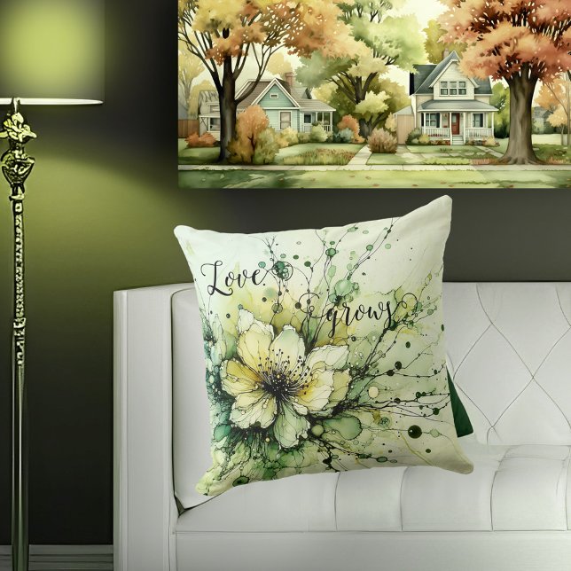 Whimsical Love Grows Green Floral Cushion (An artistic pillow featuring a whimsical floral design in green - great for a gardener)
