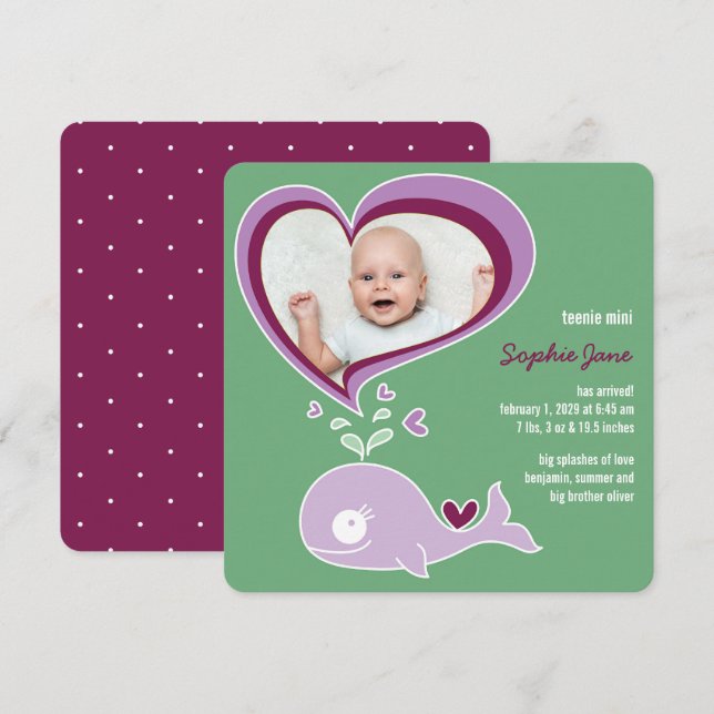 Whimsical Love Purple Whale Baby Girl Photo Birth Announcement (Front/Back)