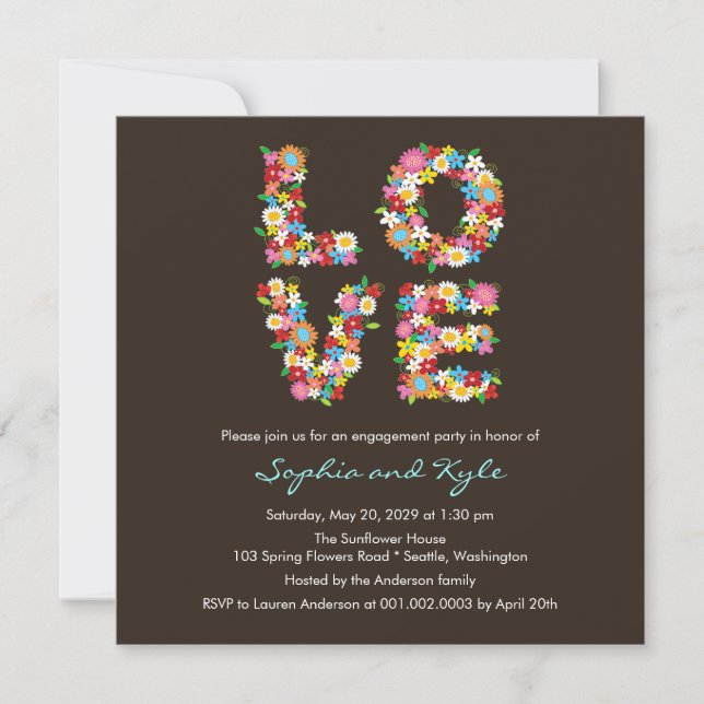 Whimsical LOVE Spring Flowers Engagement Invite (Front)