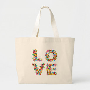 Whimsical LOVE Spring Flowers Garden Colourful Chi Large Tote Bag