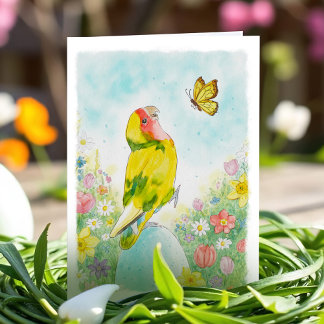 Whimsical Lovebird Easter Cute Watercolor Flowers Holiday Card