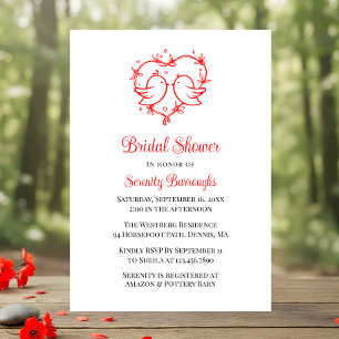 Whimsical Lovebirds Boho Red Heart Bridal Shower Invitation