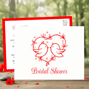 Whimsical Lovebirds Boho Red Heart Bridal Shower Invitation Postcard