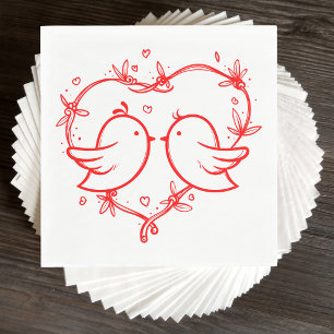 Whimsical Lovebirds Boho Red Heart Garden Wedding Napkin